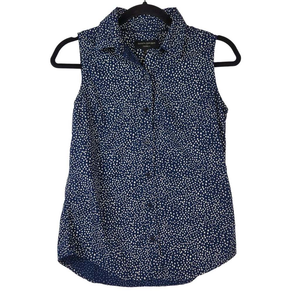 Banana Republic Blouse Womens Size 4 Sleeveless Button Down Navy White Polka Dot